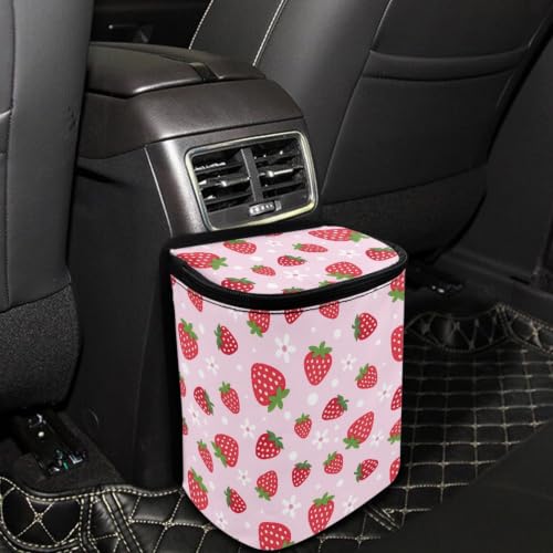 Image of Pink Strawberry Car Trash Can with Lid - Collapsible Waterproof Garage Bag, Reusable Hanging Cute Automotive Garbage Bin, Adjustable Strap, Interior Organizer