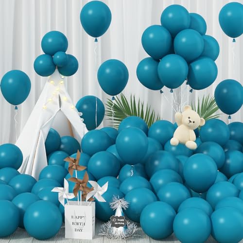 Image of Jobkoo Peacock Blue Balloons 12 Inch, 100 Pack Turquoise Blue Balloon Teal Blue Latex Balloons Matte Dark Teal Aqua Blue Helium Balloons for Birthday Baby Shower Wedding Whale Theme Party Decorations