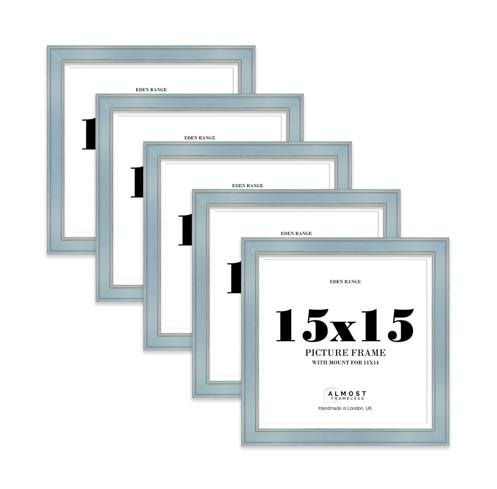 15x15" Cornflower Blue Square Picture Frame with 14x14" Mount - Shabby Chic Photo Frame with Distressed Finish, Gold Trim, Wall Hooks, 37mm Edge - 5 Pack