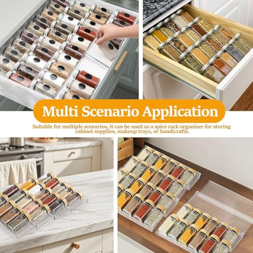 رف درج التوابل من 4 طبقات قابل للتوسيع من 28-56 سم، منظم أدراج برطمانات التوابل من الاكريليك الشفاف، مناسب لأدراج المطبخ والخزائن وسطح الطاولة، حل تخزين قابل للتوسيع من سكاي-تاتش، 2 مجموعة، 8 قطع