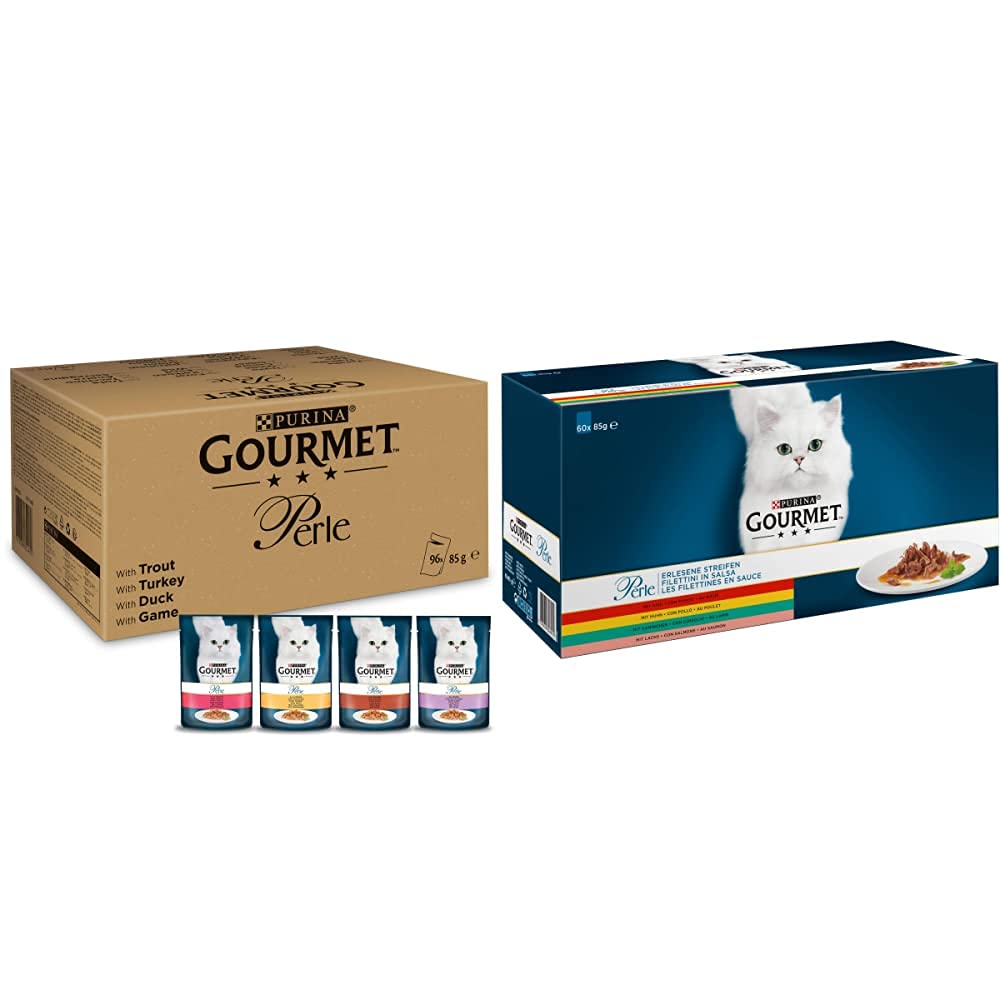 PURINA GOURMET Perle Erlesene Streifen in Gelee, 96 Portionsbeutel Katzenfutter nass, Sorten-Mix, 12er Pack (12 x 8 Beutel à 85g) & Perle Erlesene Streifen Katzenfutter nass, 60er Pack (60 x 85g)