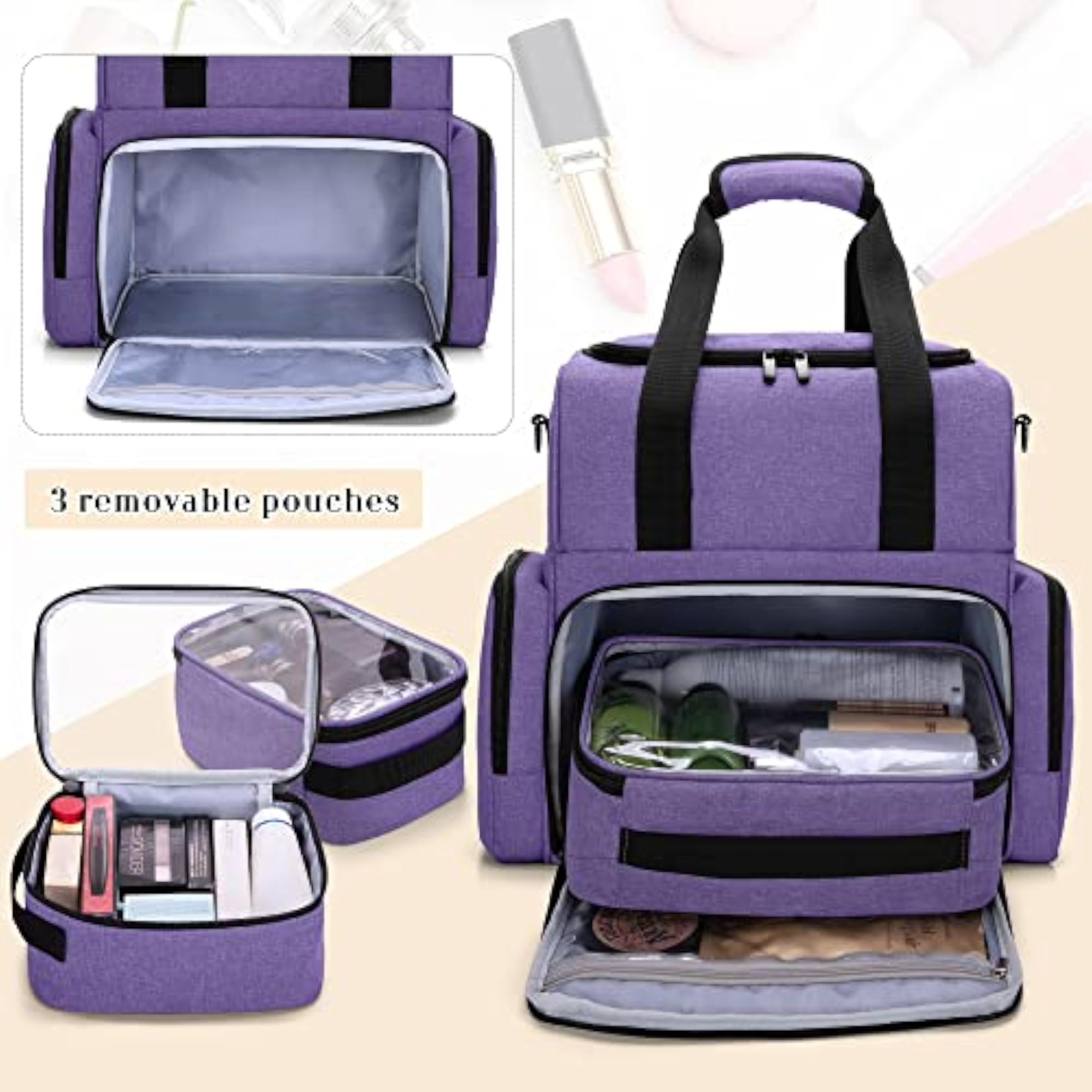 Large Travel Makeup Bag with Removable Pouches, Purple