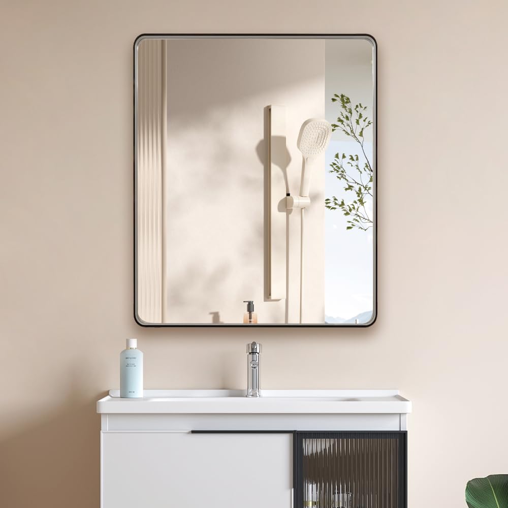 Brushed Nickel 20x16 Inch Metal Framed Mirror for Wall, Large Rounded Rectangle Mirror, Anti-Rust, Tempered Glass, Hangs Horizontally or Vertically