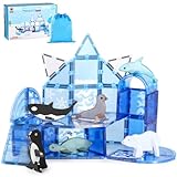 Diophso Magnetic Tiles for Kids 3-8, Blue Magnet Building Blocks Set with 6 Arctic Animals and Exquisite Pattern, Learning Educational Toy for Toddlers, Birthday Xmas Gifts for Boys and Girls