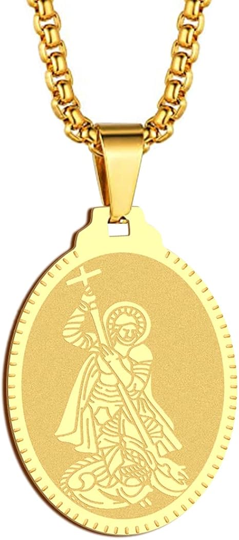 Angel St.George Necklace Saint George Pendant Women Men The Seal of The Seven Archangels Charm Chain Religious Medal Medallion Disc Jewelry Christian Gift (St George-206G)
