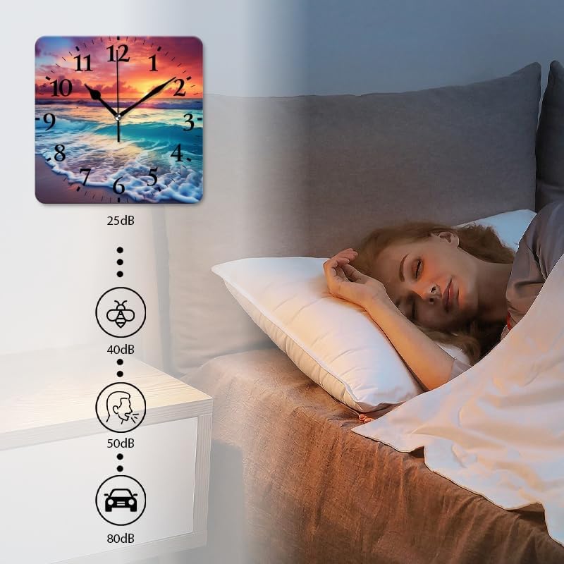 Quartz Wall Clocks Non-Ticking Silent Battery Operated Modern Wall Clocks Decorative for Home,Bedroom-Beautiful Sunset Over The Ocean with Waves and Beach(16inch)