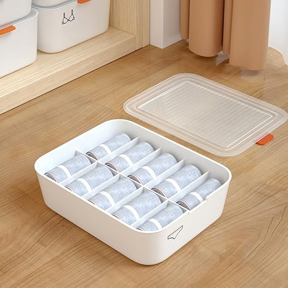 10 Grid Plastic Underwear Storage Box, Household Division Box Dormitory With Cover Dustproof Clothing Underwear And Socks Storage Box (Pack Of 1,Multicolor)