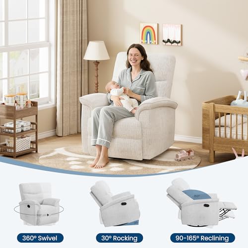 Image of Garvee Swivel Rocker Recliner Chair, Nursery Rocker Recline Chair, Manual Chenille Reclining Armchair with 38.6 inch w Seat, 350 Lb Capacity, Oversized Single Sofa for Living Room Bedroom,Beige