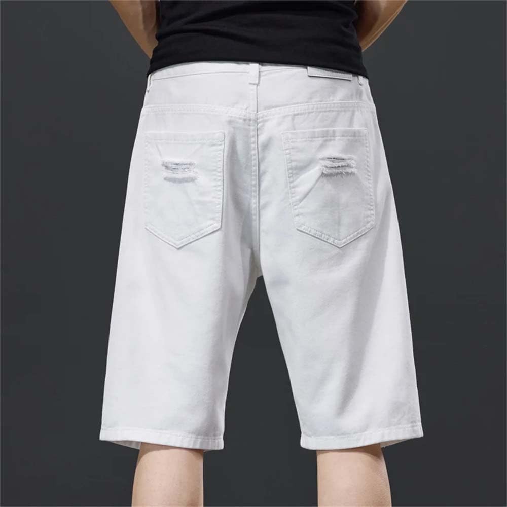 Pulcykp Men's Casual Ripped White Denim Shorts Relaxed Fit Knee-Length Jean Shorts for Summer