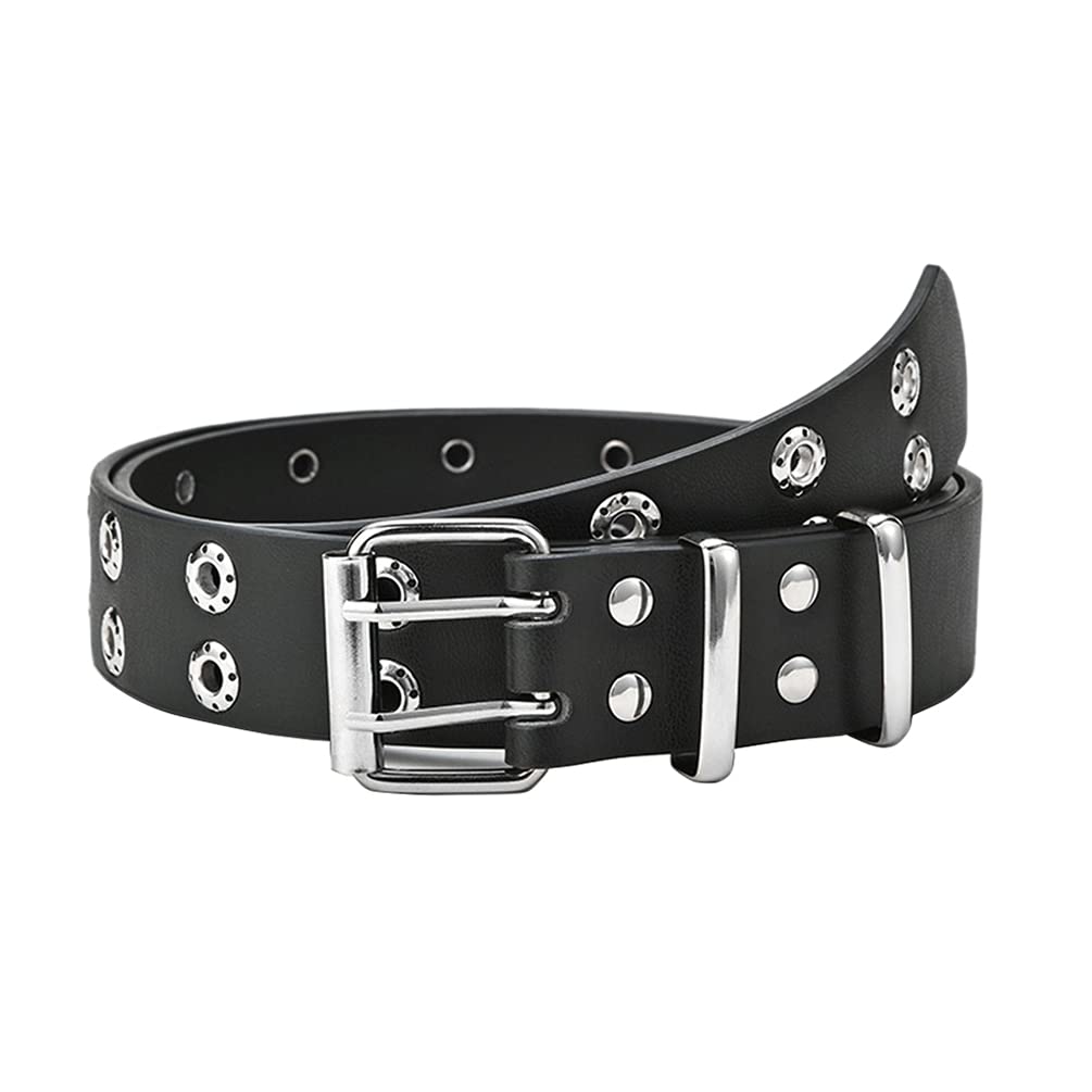 Junhouse Double Grommet Belt, PU Leather Punk Belt Ladies Eyelet Studded Belt 2 Hole Grommet Jeans Belt with Pinhole for Women Men (Black)