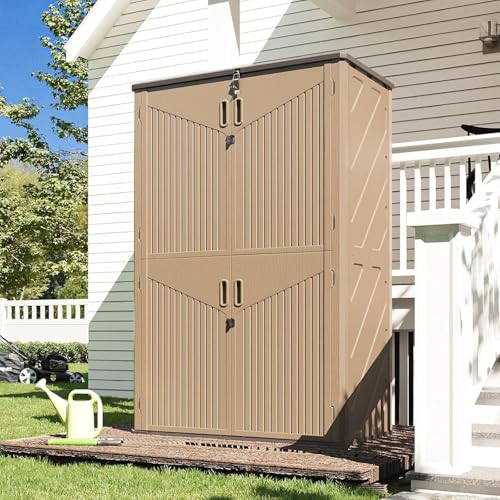 Image of Aoxun Outdoor Storage Shed, 64 Cu.Ft Vertical Storage Sheds Outdoor with Floor, Outdoor Waterproof Storage Cabinet for Garage Storage, Pool Storage (Brown)