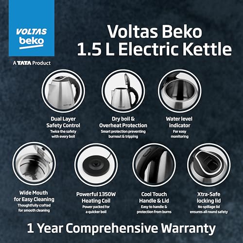 Image of Voltas Beko, a TATA Product 1.5 L Stainless Steel Electric Kettle | 1350W Fast Boil | Auto Cut‑Off | Cool‑Touch Lid & Handle | Home & Office Use (K135X15H‑SL, Silver)