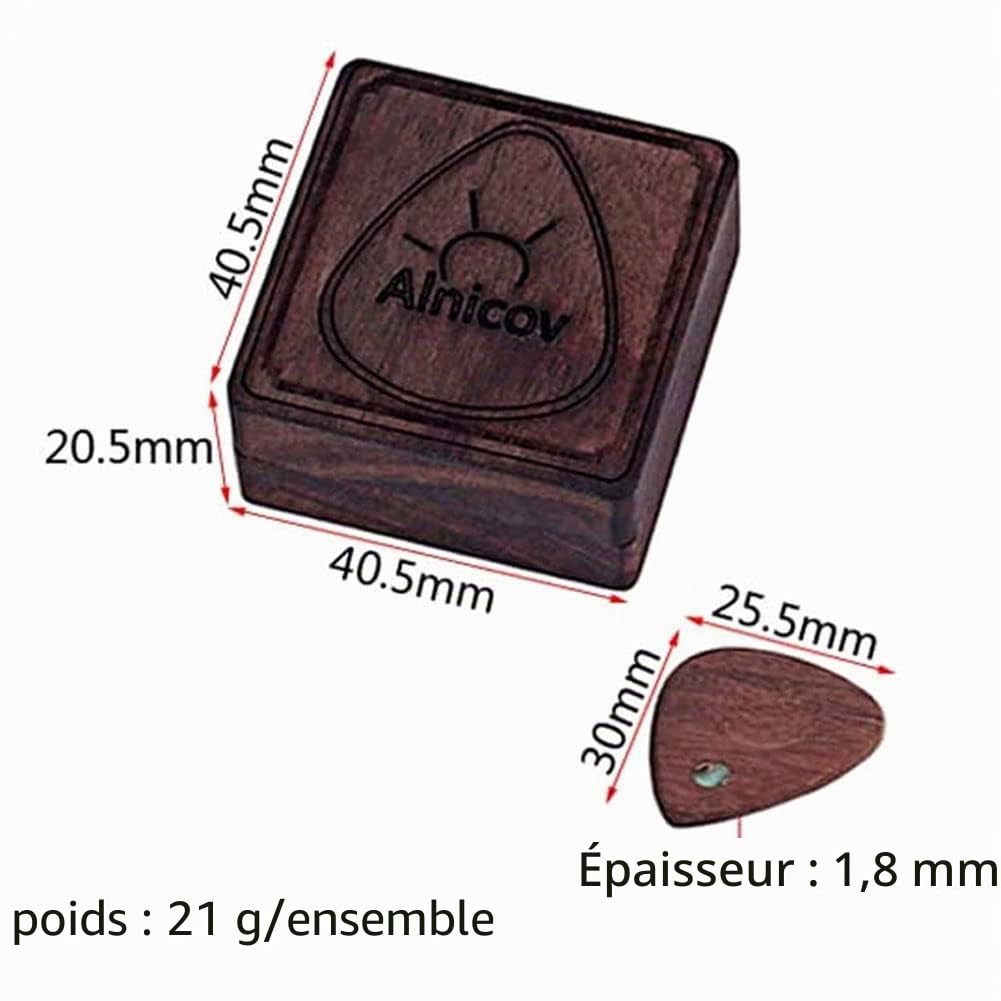 Alnicov Boîte de rangement en bois pour médiator de guitare en forme de cœur avec 1 médiator en bois, marron