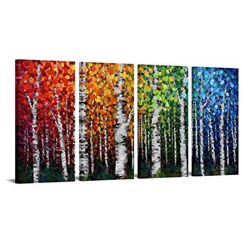 4Pcs Large 4 Seasons Canvas Birch Tree Wall Art Modern Branches Oil Painting Falls Leaves Picture Landscape Prints Framed For Bathroom Living Room Bedroom Home Office Decor Each Panel 16X32Inch (Large) #TOP28