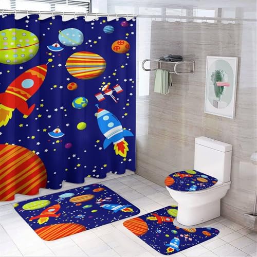 BFIDJID 4 Pcs Space Element Shower Curtain Set with Rugs,