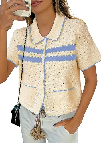 Image of Yousify Womens Casual Summer Short Sleeve Sweaters Button Down Crochet Knit Tops 2026 Loose Cute Cardigan Sweater