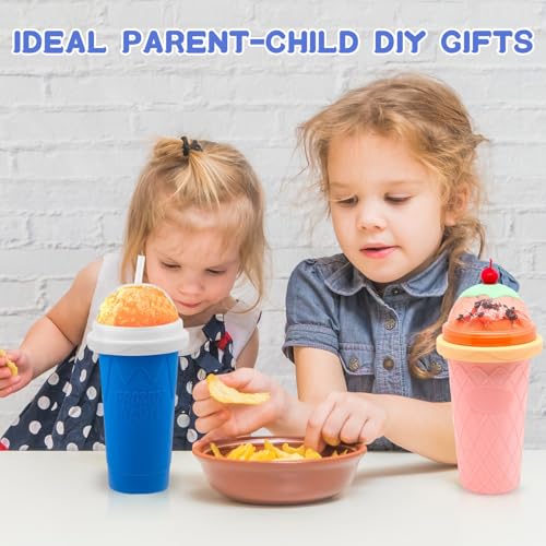 Image of FANS-ONE Slushie Cup, 2 Pack Slushy Maker Cups, DIY Magic Squeeze Cups for Juice Milk Yogurt Make, Portable Double Layer Cup with Lid & Straw Cool Stuff Things for Kids Friends Family (Blue+New Pink)