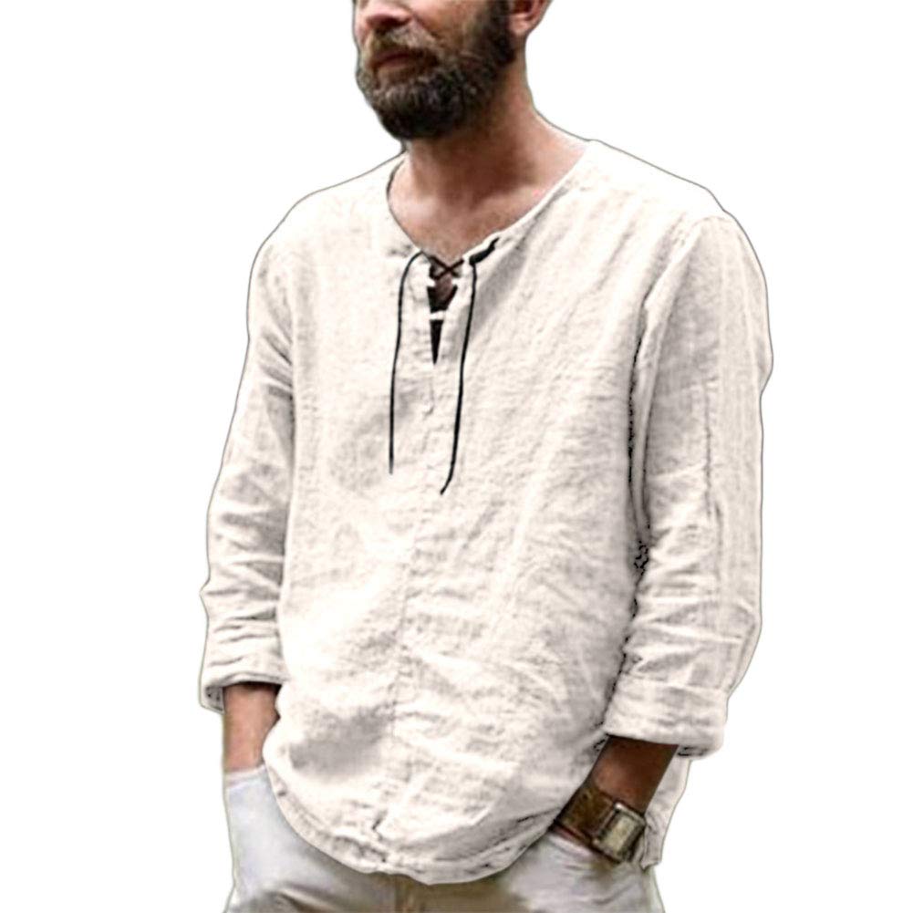 YOUCAI Camisa De Manga Larga Sin Cuello De Color Sólido Blusas Suelta Camisas Algodón Y Lino Camisa Trabajo Suave Cómodo Transpirable para Hombre