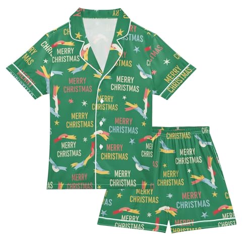 Satin Pajama Sets Short Sleeve Merry Christmas Pattern on Green Button Down Silky Nightwear 2 Piece PJS 5-14Y