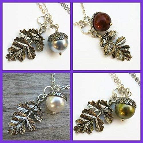 Personalized Acorn Necklace, Designer Faux Pearl Necklace, Antiqued Silver Jewelry, Leaf Branch Autumn Nature, CHOOSE Color, Handmade - Image 2