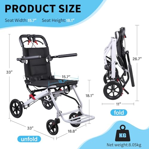 Image of Lightweight Folding Wheelchair for Adults - Compact Travel Transport Wheelchair with 360 Swivel Wheels, One-Click Safety Lock, Portable Mobility Aid for Seniors, Car & Airplane Travel