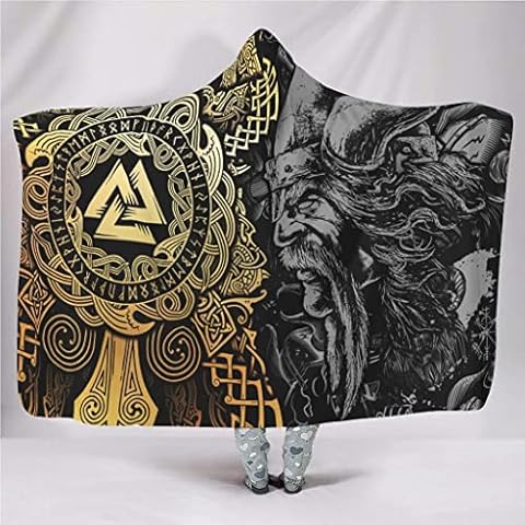 YABEME Norse Viking Odin Valhalla Hooded Blanket Cloak, Scandinavia 3D Print Celtic Tattoo Pattern, Sherpa Flannel Lining Super Soft Cozy Home Leisure,80″ x 60″ Cover