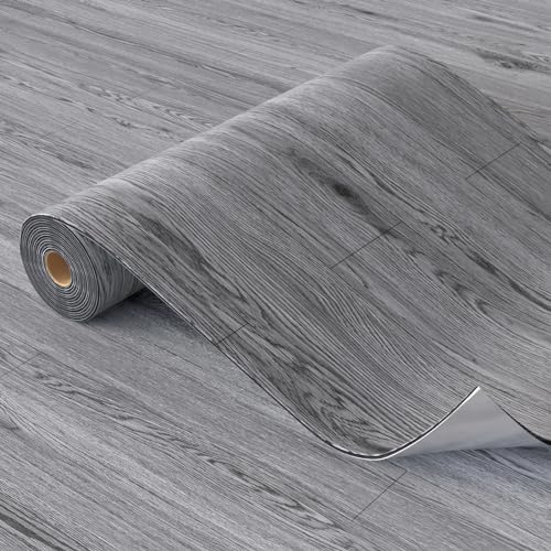 Image of Oxdigi Peel and Stick Vinyl Flooring Roll 23 inchx 118 inch /19 Sq.Ft, Thicken Self Adhesive Vinyl Floor Tiles Wood Plank Flooring Waterproof Wear-Resistant for Any Room, Easy DIY Floor Coverings, Grey Wood
