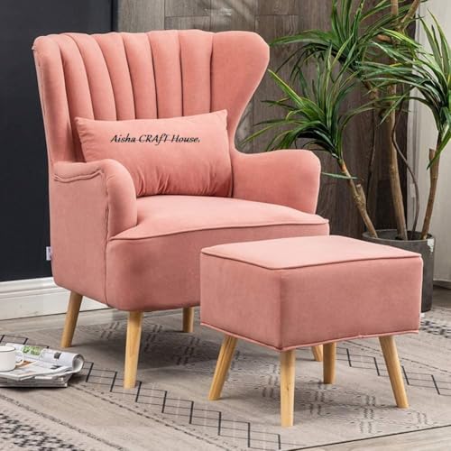 Image of House Solid Wood Wing Chair for Living Room, Arm with Ottoman /Footrest for Bedroom, Velvet Accent Chair with Pouffes, High Back Occasional Tub Chairs with Foot Stool (Pink)