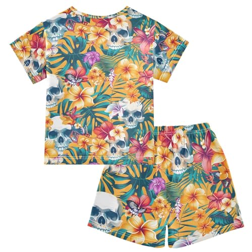 ALAZA Tropical Flower Sugar Skull Blossom Pajamas Short Sleeve 2 Piece Sleepwear Top and Bottom Pajama Set Unisex2
