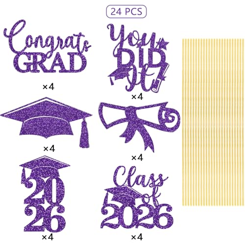 Image of Graduation Centerpiece Sticks 24PCS Glitter Grad Picks Party Table Decor Senior High School College Sign Purple