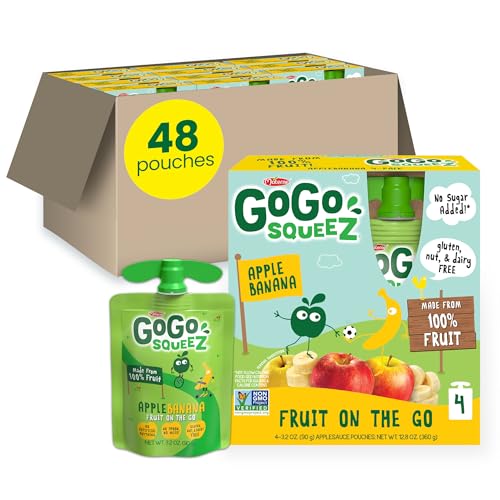 GoGo squeeZ Applesauce and Fruit Puree Apple Banana 3.2 oz (Pack of 48) Unsweetened Fruit Snacks for Kids Gluten Free Nut Free and Dairy Free BPA Free Pouches (Packaging May Vary)