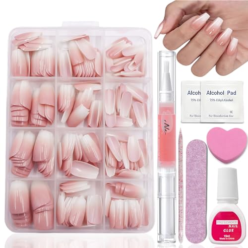 240 Stück Nägel Zum Aufkleben Set - Nackt Rosa Weiß Gradient Künstliche Fingernägel Zum Aufkleben - Mittel Ballerina Press on Nails - Vollständige Abdeckung Nagel Tips Set für Frauen Mädchen (Coffin)