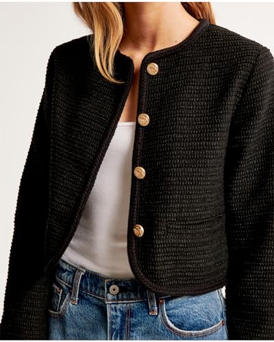 Women's Tweed Jackets Long Sleeve Crew Neck Button Down Cropped Jacket Coat with Pockets4