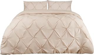 Highams Diamond Pintuck Duvet Cover with Pillowcase Luxury Pinch Pleat Bedding Set, Beige – Single
