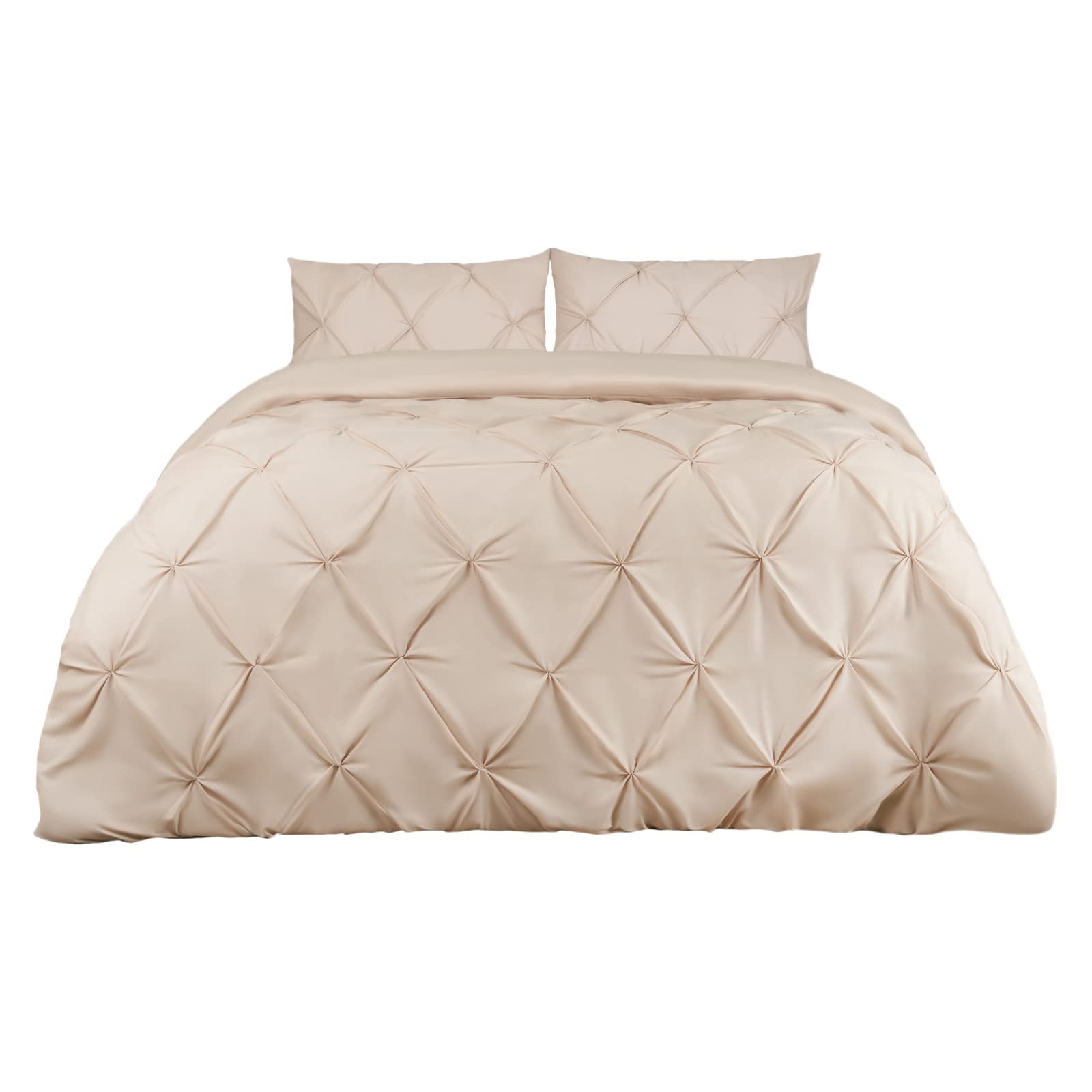 Highams Natural Beige Diamond Pintuck Duvet Cover With Pillowcase Luxury Pinch Pleat Bedding Set, Beige – King