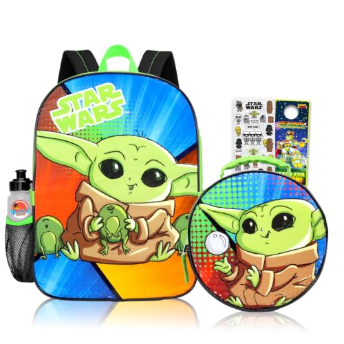 Conjunto de mochila e lancheira Baby Yoda para crianças – Pacote com mochila Baby Yoda de 40,6 cm, lancheira Star Wars, adesivos, garrafa de água, mais | Mochila Mandalorian para meninos