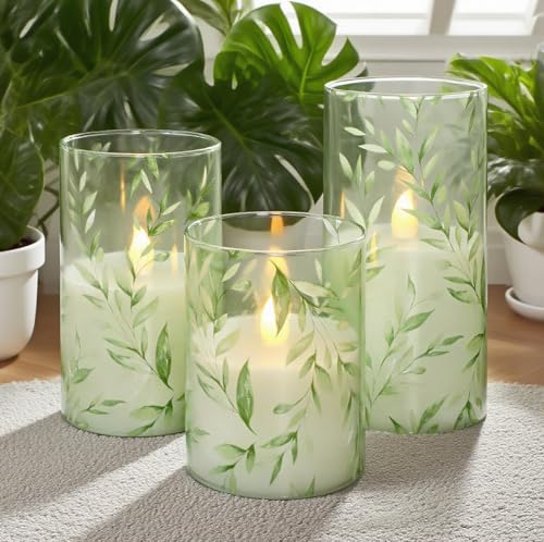 Image of Green Flameless Candles with Remote Control - Willow Leaf Design Battery Operated Candles - Elegant Home Christmas Spring Summer Decor Set of 3