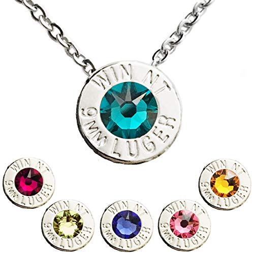 Bullet Cartridge Sliding Pendant, Swarovski Crystal Colors (Birthstones July-December) - Rhodium Plated Ammo Shell Necklace Jewelry on Adjustable Stainless Steel Chain