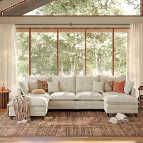 Image of 140.9 inch U-Shaped Modern Sofa Modular Sectional Cloud Couch with 2 Storage Ottoman Coffee Table, 4-Seat Corduroy Deep Seat Sofa with Throw Pillows for Living Room, Bedroom, Office, Cream