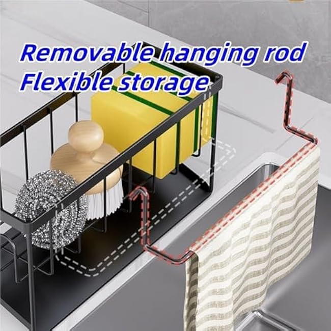 Sink Rack, Kitchen Drain Rack, Metal Sponge Holder, Storage Rack with Removable Hanging Rod, Minimalist Organizer for Kitchen Countertop, Sink Side(Black)