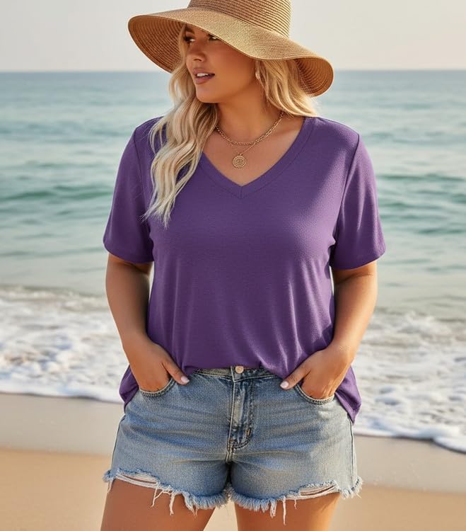 Image of ForHailey Women's Plus Size Short Sleeve Tee Shirt V Neck Basic Ladies Loose Fit T Shirt 1X-5X