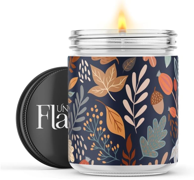 100% USA Handmade Non-toxic Soy Wax Candle - Warm Woodsy Scent, 120hr Burn, Soot Free, Cotton Wick, 16oz - Fun Fall Decor (Autumn Leaves, Mahogany Teakwood)