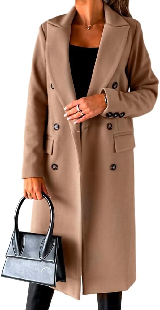 Mywinway Long Wool Coats for Women Fall Winter Trendy Jackets Double Breasted Peacoat Trench Coat