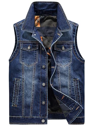 ebossy Men's Multi-Pocket Distressed Denim Vest Relaxed Fit Sleeveless Letter Printed Washed Tucker Jean Jacket