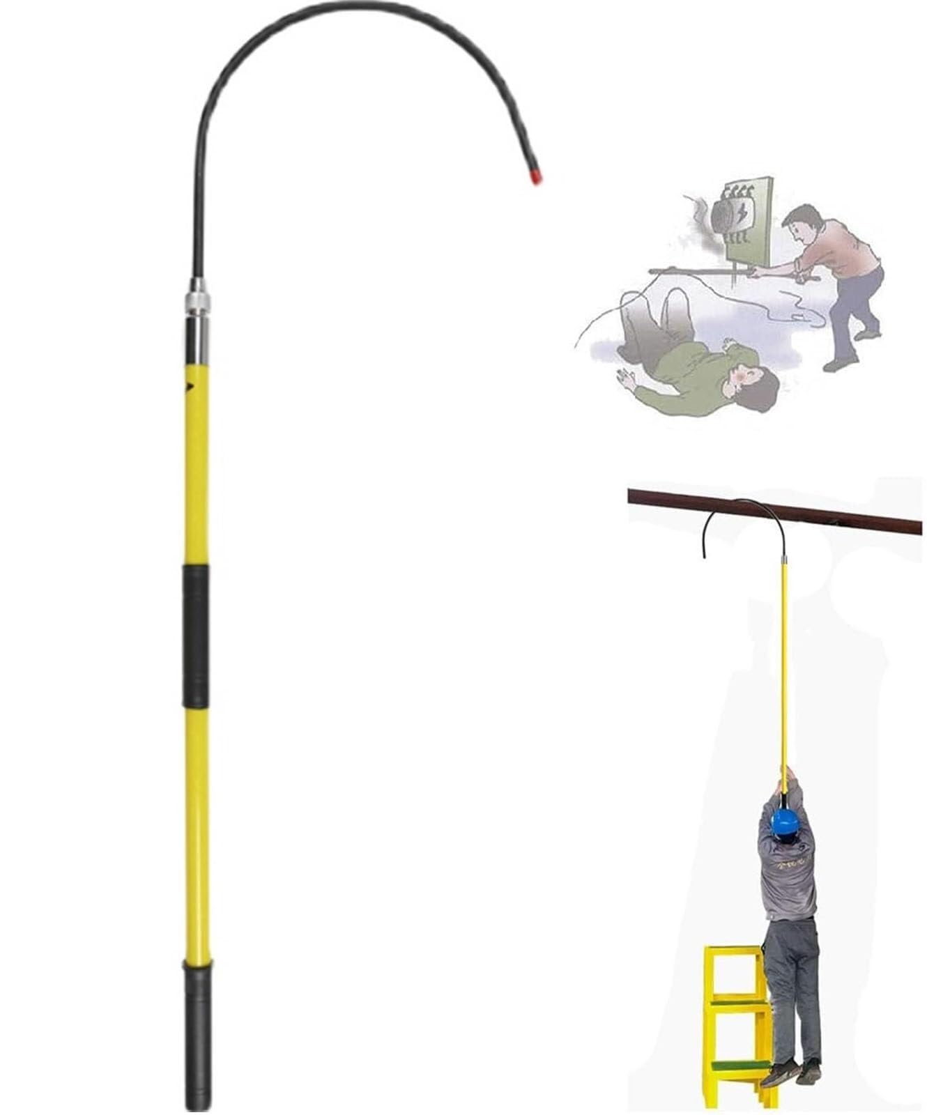 GHHVFEC Insulated Rescue Hook Electrical Safety Life Hook W/3.3-9.8ft Pole,High Voltage Insulated Rescue Hook 220lbs,Firefighter First-aid Rod(Yellow,1m/3.3ft)