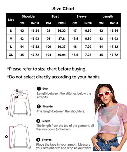 Kyerivs Women's Pink Mesh Tops Short Sleeve Sexy Crop Tops See Through Sheer Blouses #TOP3