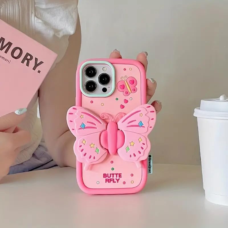 Image of COVERLY for iPhone 15 Pro Max 3D Butterfly Lovely Cartoon Case,Premium Silicone Case Wings with Folding Stand Holder Cool Full Protective Cute Kawaii Aesthetic Cover for Apple iPhone 15 Pro Max