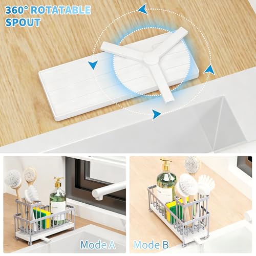 Image of Cisily Sponge Holder for Kitchen Sink, Sink Caddy Organizer with High Brush Holder, Kitchen Countertop Organizers and Storage Essentials, Rustproof 304 Stainless Steel (Gray, 9.25″)