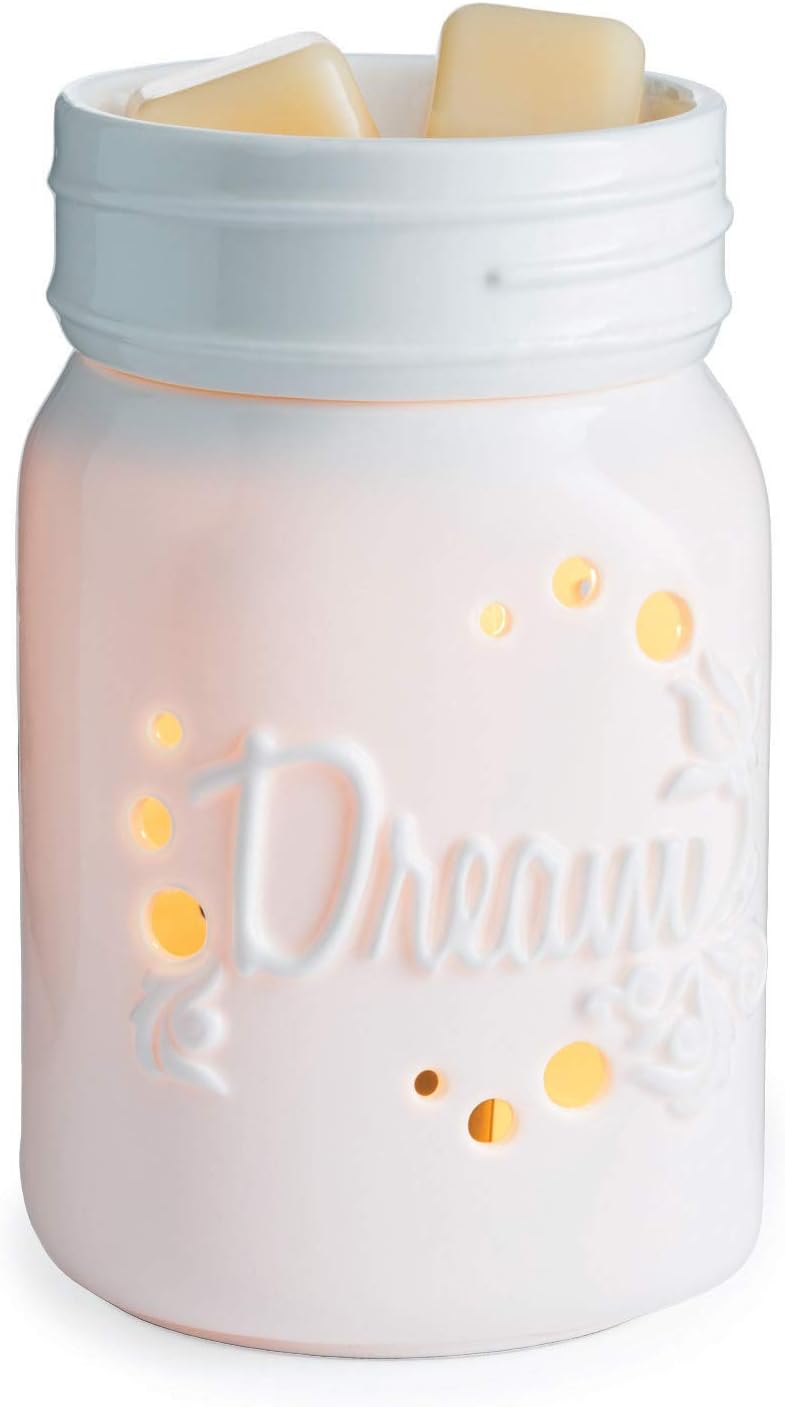 CANDLE WARMERS ETC. Midsized Illumination Fragrance Warmer- Light-Up Warmer for Warming Scented Candle Wax Melts and Tarts or Fragrance Oils to Freshen Smaller Rooms, White Porcelain Mason Jar