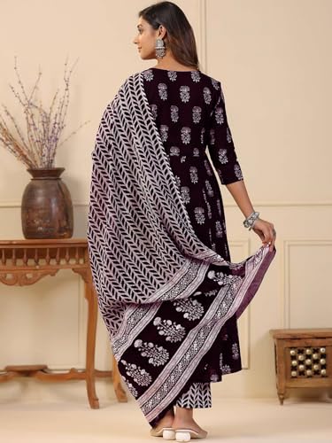 Image of Tee Projekt Women's Cotton Blend V-Neck Anarkali Kurta Pant with Dupatta Set ll Floral Kurta Set for Women